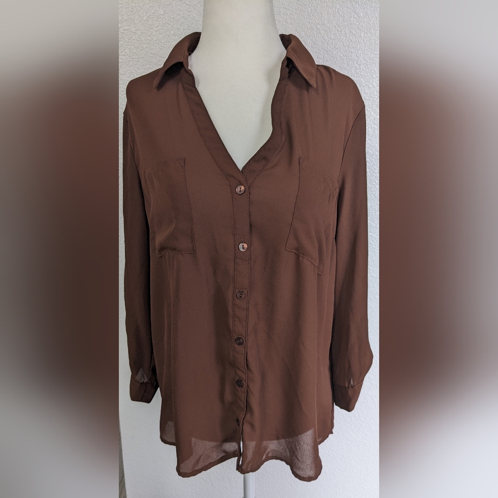 B.Wear Brown polyester button down shirt.